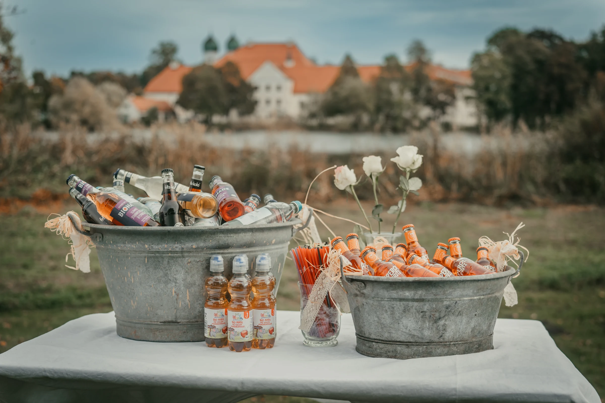 Sektempfang nach der standesamtlichen Trauung mit Blick auf Kloster Seeon