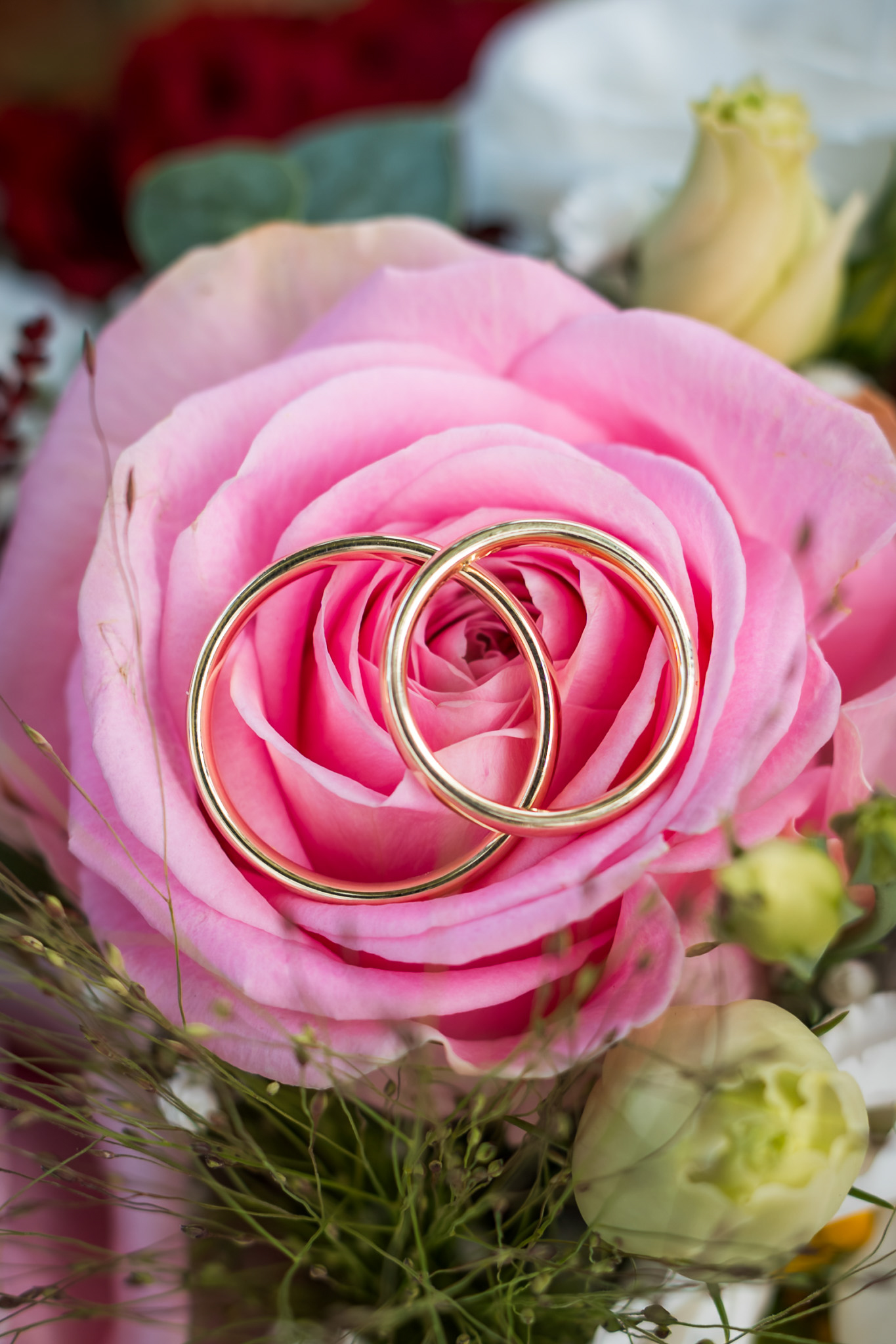 Nahaufnahme einer rosafarbenen Rose im Brautstrauß der standesamtlichen Hochzeit in Chieming